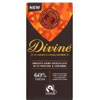 Divine Fairtade Smooth Dark Chocolate with Pretzel & Caramel 90g-UK Goodies